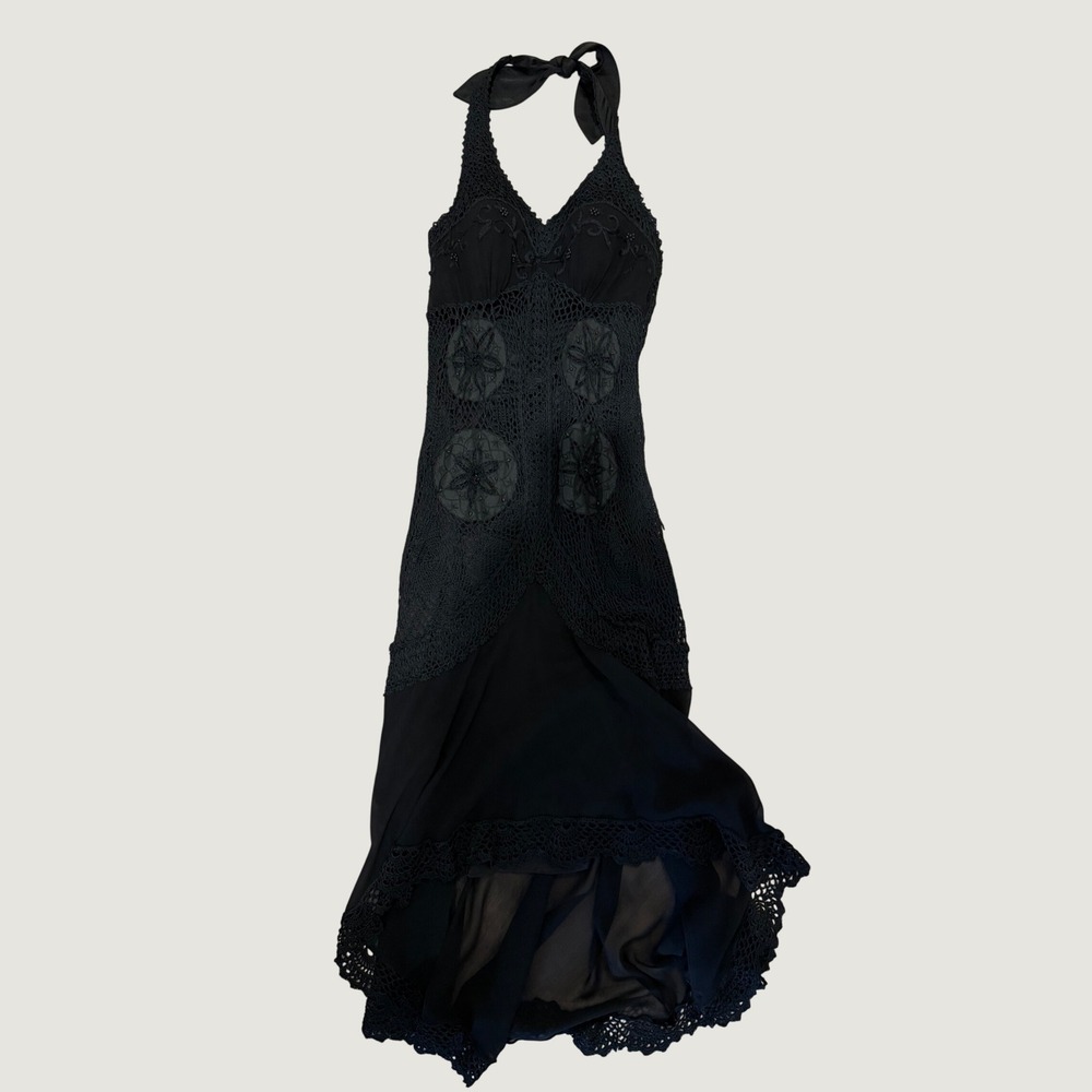 Vintage Lillie Rubin Beaded Netted Silk Crochet Halter Dress
